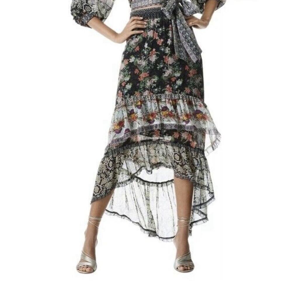 $395 Alice + Olivia Caralie Tiered Ruffle High Low Maxi Skirt Dream Multi 2 XS